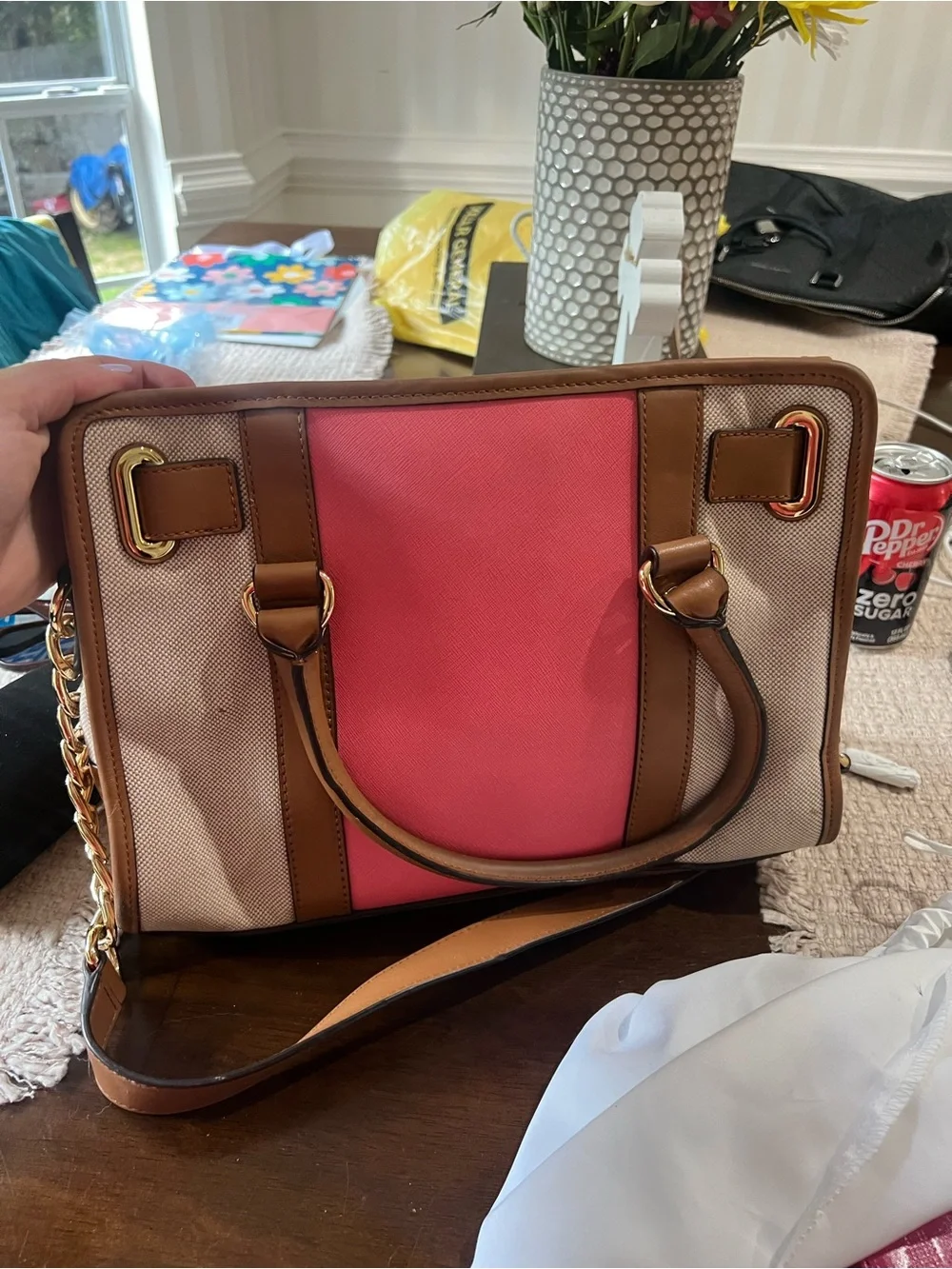 Michael Kors Pink, Brown and Beige Satchel with Matching Pink Wallet